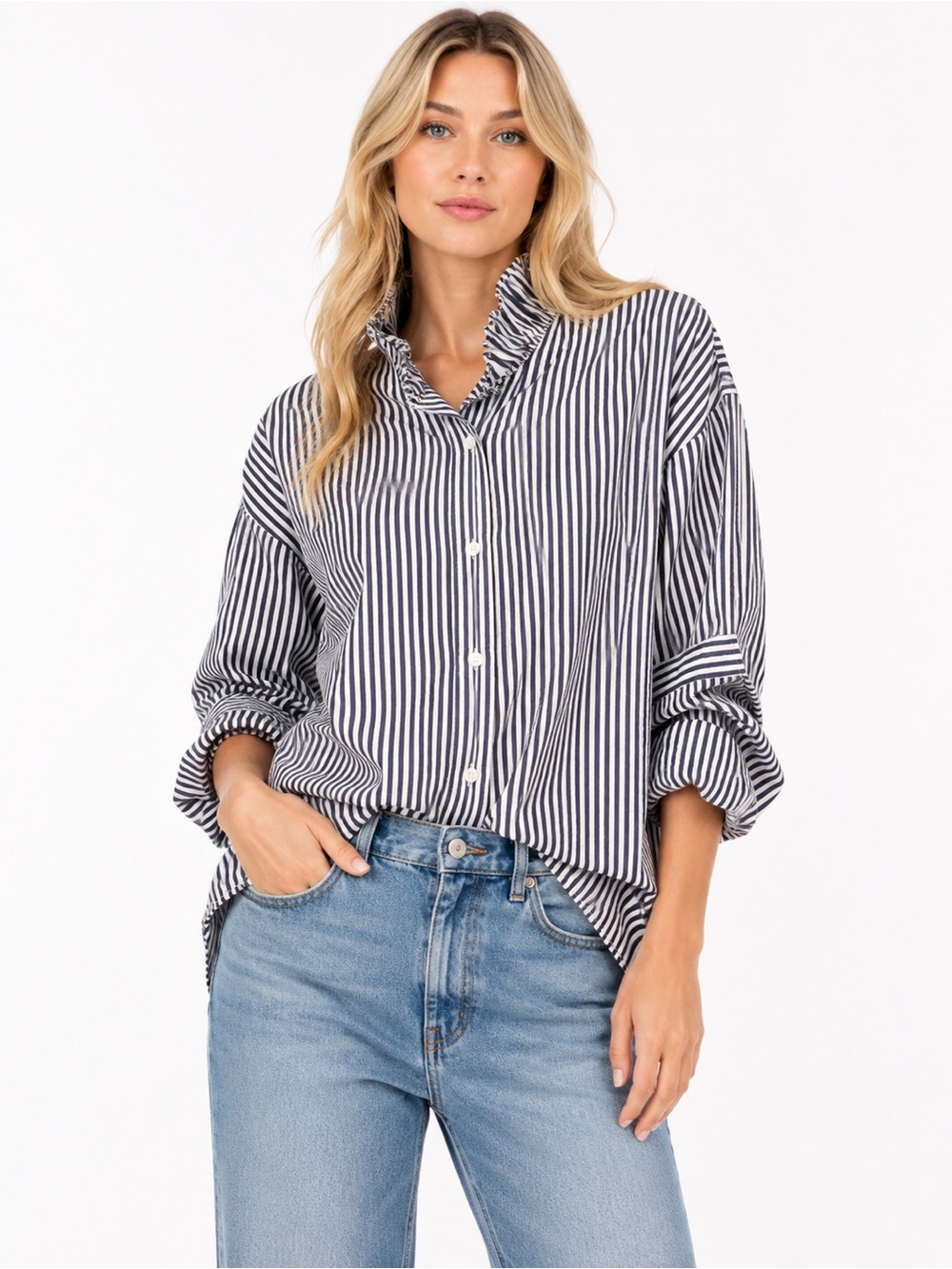 Tuckernuck Alex Mill Size Small Striped Ruffle Collar Button-Up Shirt Navy/Whit